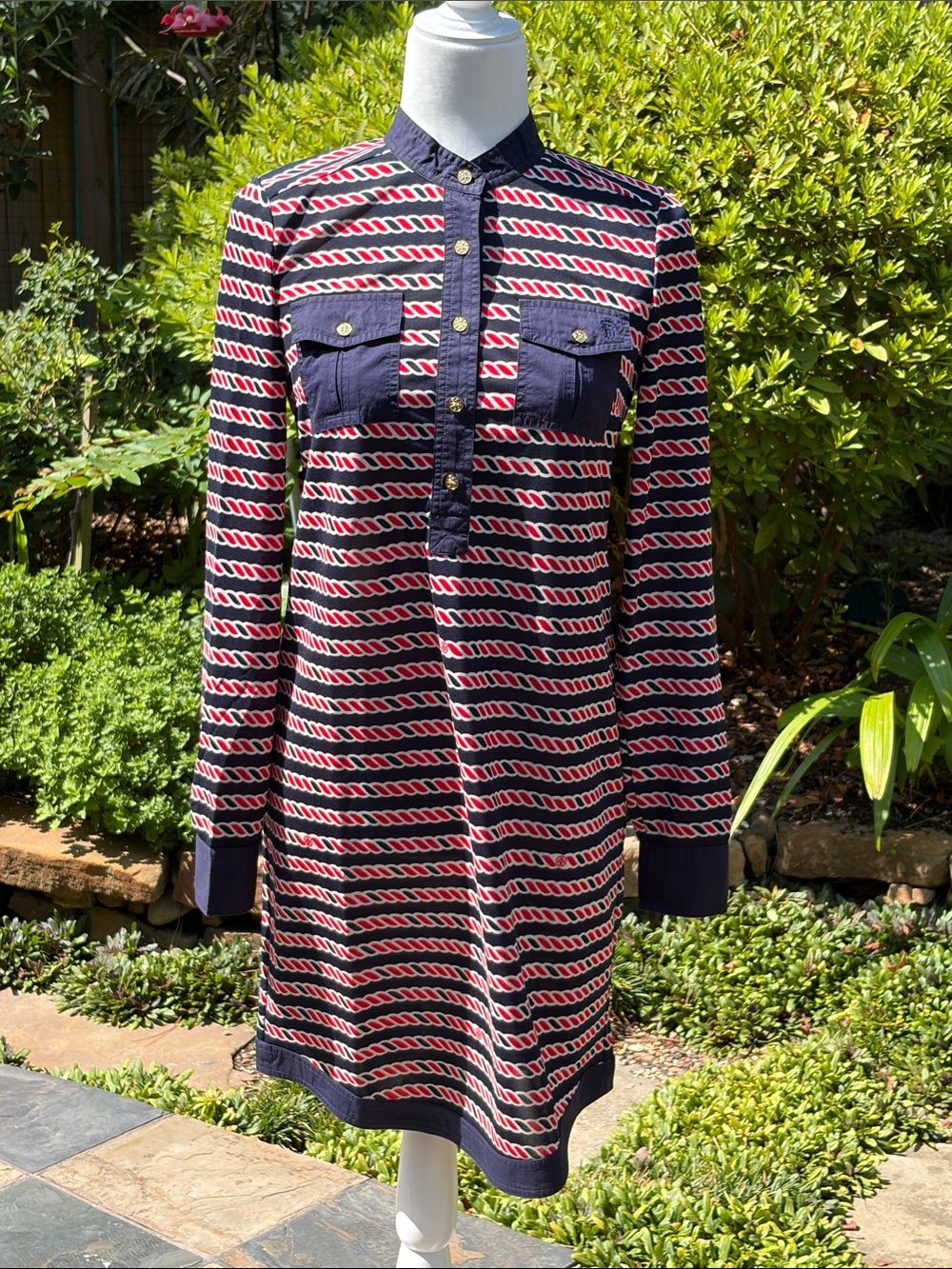TORY BURCH “Suzette” Nautical Navy/ Red/ White Shirt Dress (Sz: XS)
